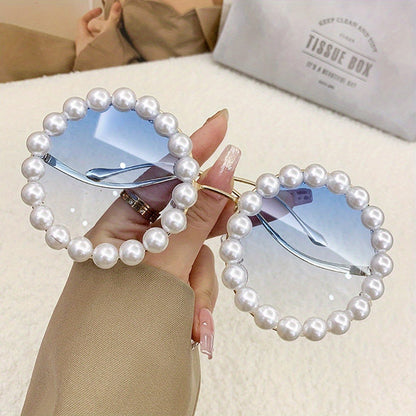 Sunglasses for Women - Round Pearl Frame Gold Wave Temple Full Rim Fashion Glasses for Summer - product detail view 7