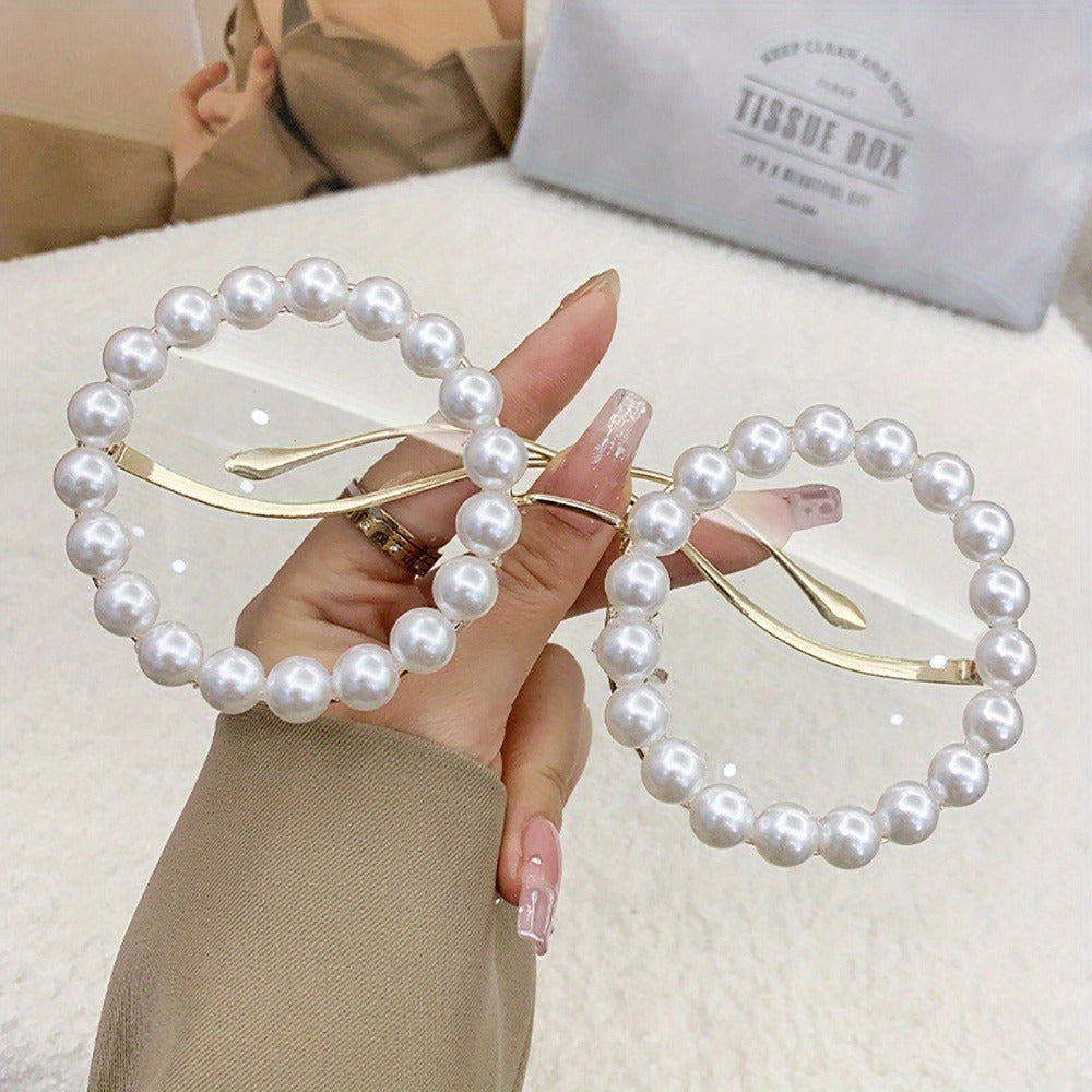 Sunglasses for Women - Round Pearl Frame Gold Wave Temple Full Rim Fashion Glasses for Summer - product detail view 8