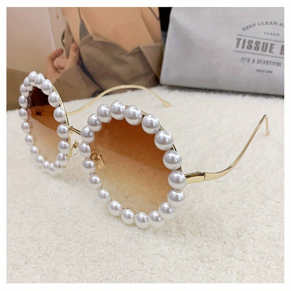 Sunglasses for Women - Round Pearl Frame Gold Wave Temple Full Rim Fashion Glasses for Summer - product detail view 12
