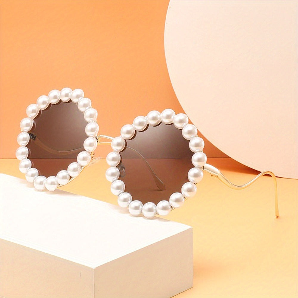 Sunglasses for Women - Round Pearl Frame Gold Wave Temple Full Rim Fashion Glasses for Summer - product detail view 13