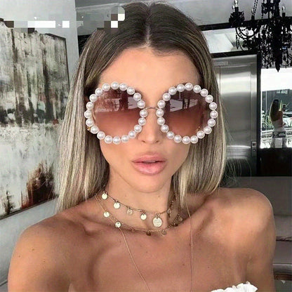 Sunglasses for Women - Round Pearl Frame Gold Wave Temple Full Rim Fashion Glasses for Summer - product detail view 17