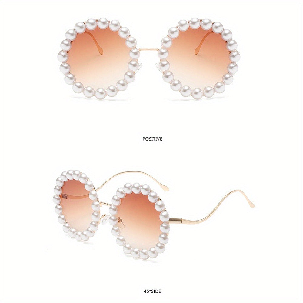 Sunglasses for Women - Round Pearl Frame Gold Wave Temple Full Rim Fashion Glasses for Summer - product detail view 19