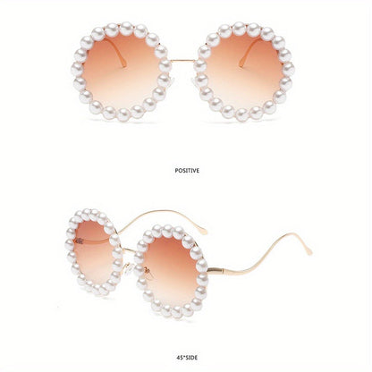 Sunglasses for Women - Round Pearl Frame Gold Wave Temple Full Rim Fashion Glasses for Summer - product detail view 19