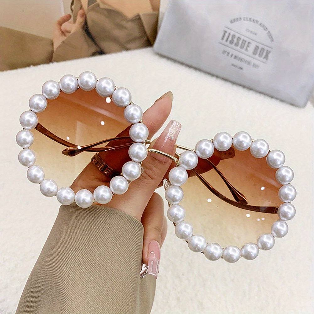 Sunglasses for Women - Round Pearl Frame Gold Wave Temple Full Rim Fashion Glasses for Summer - product detail view 21