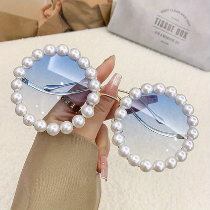 Sunglasses for Women - Round Pearl Frame Gold Wave Temple Full Rim Fashion Glasses for Summer - product detail view 22