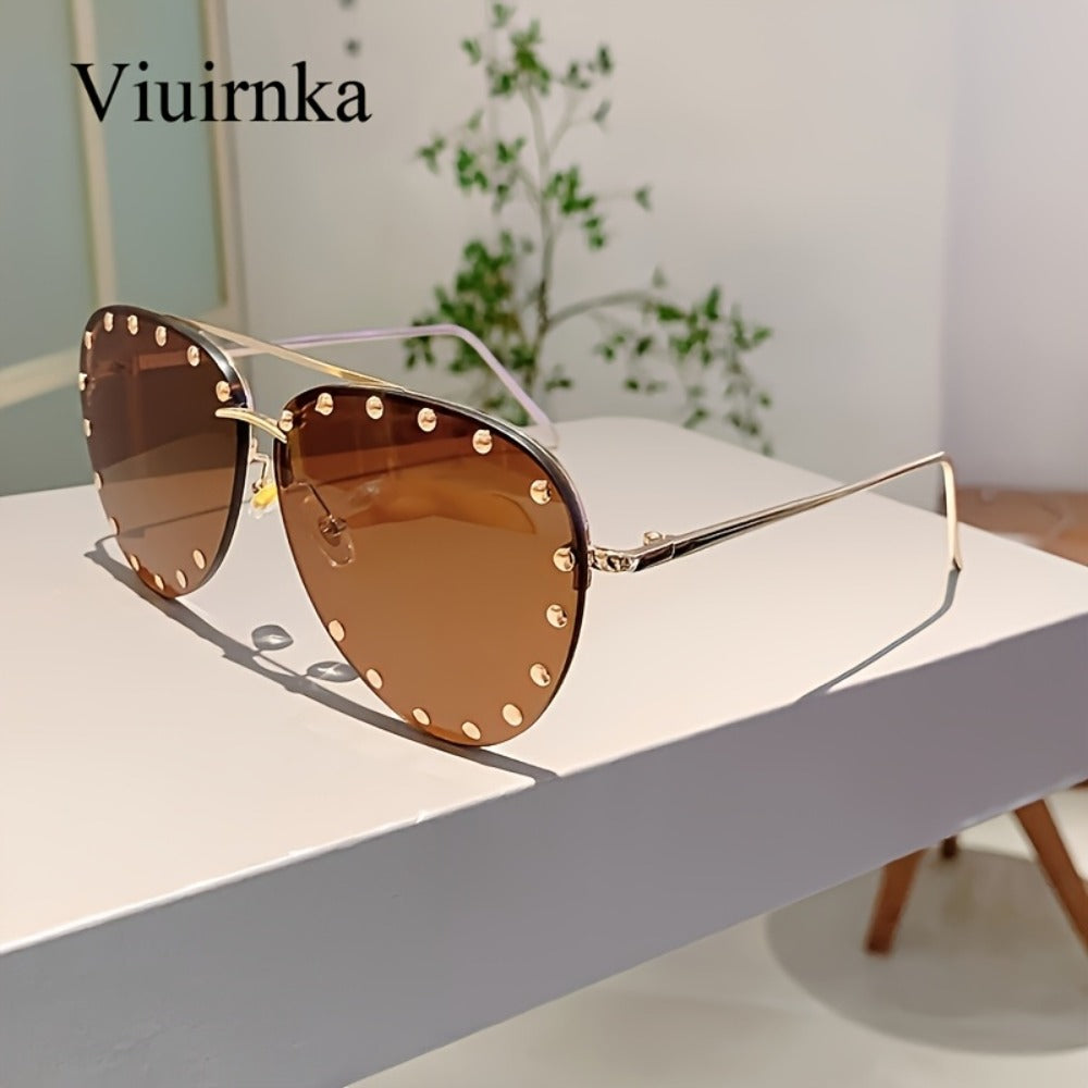 Sunglasses for Women - Semi-Rimless Glasses for Studded Detail, Classic Lightweight Fashion - product detail view 8