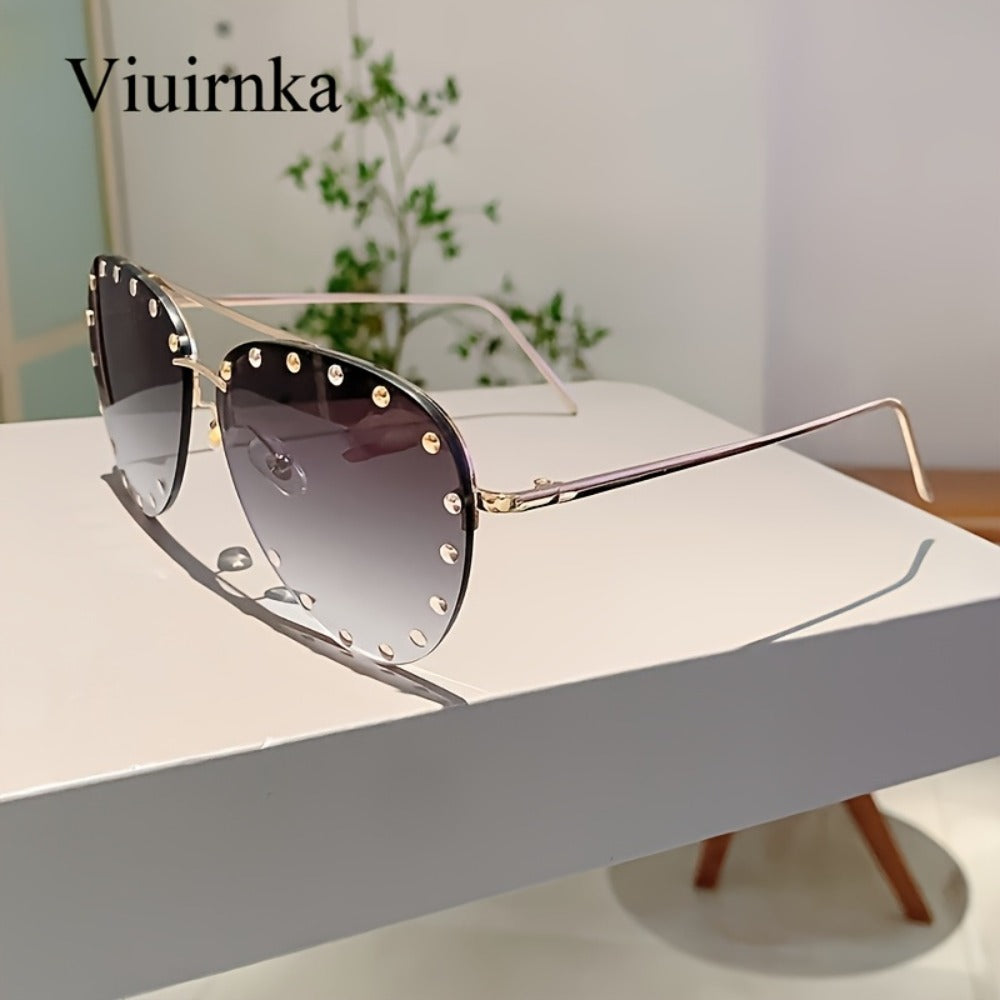 Sunglasses for Women - Semi-Rimless Glasses for Studded Detail, Classic Lightweight Fashion - product detail view 9