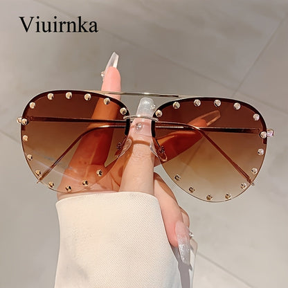 Sunglasses for Women - Semi-Rimless Glasses for Studded Detail, Classic Lightweight Fashion - product detail view 15