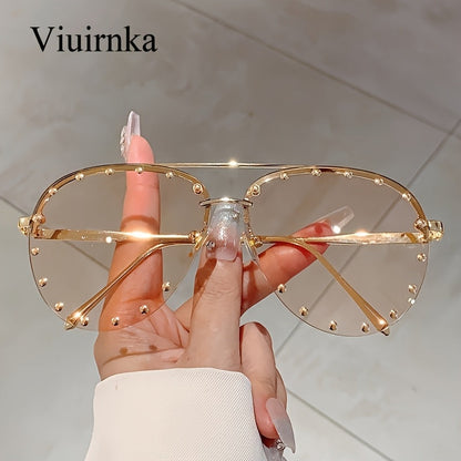 Sunglasses for Women - Semi-Rimless Glasses for Studded Detail, Classic Lightweight Fashion - product detail view 16