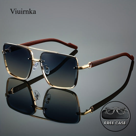 Sunglasses for Men - Square Women Double Bridge Gold Frame, Vintage Wood Grain Texture Light - main product view