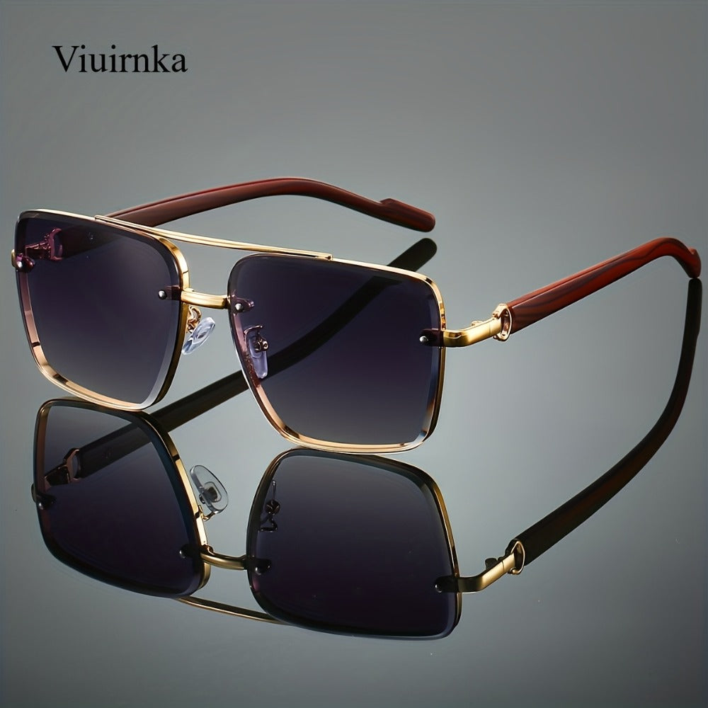 Sunglasses for Men - Square Women Double Bridge Gold Frame, Vintage Wood Grain Texture Light - product detail view 2