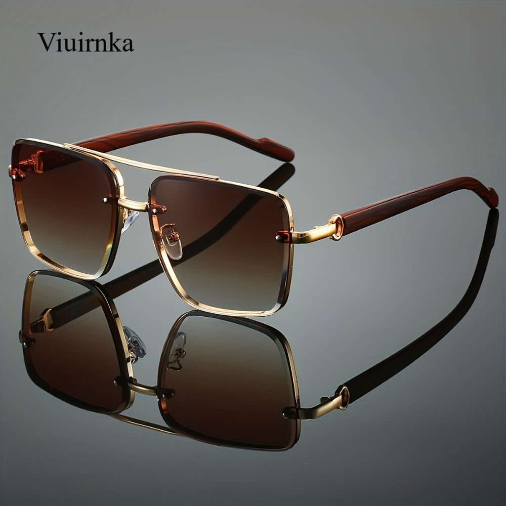 Sunglasses for Men - Square Women Double Bridge Gold Frame, Vintage Wood Grain Texture Light - product detail view 3