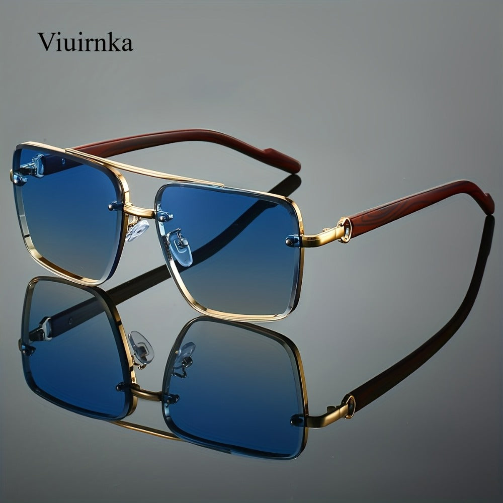 Sunglasses for Men - Square Women Double Bridge Gold Frame, Vintage Wood Grain Texture Light - product detail view 4