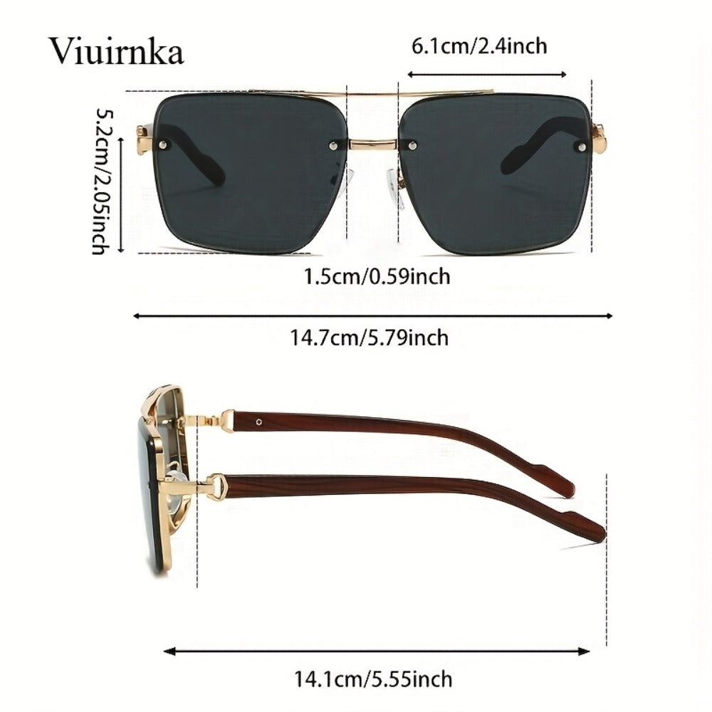Sunglasses for Men - Square Women Double Bridge Gold Frame, Vintage Wood Grain Texture Light - product detail view 5