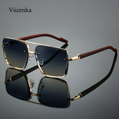 Sunglasses for Men - Square Women Double Bridge Gold Frame, Vintage Wood Grain Texture Light - product detail view 6