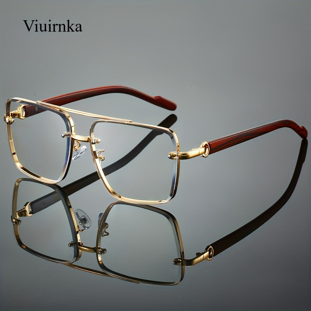Sunglasses for Men - Square Women Double Bridge Gold Frame, Vintage Wood Grain Texture Light - product detail view 9