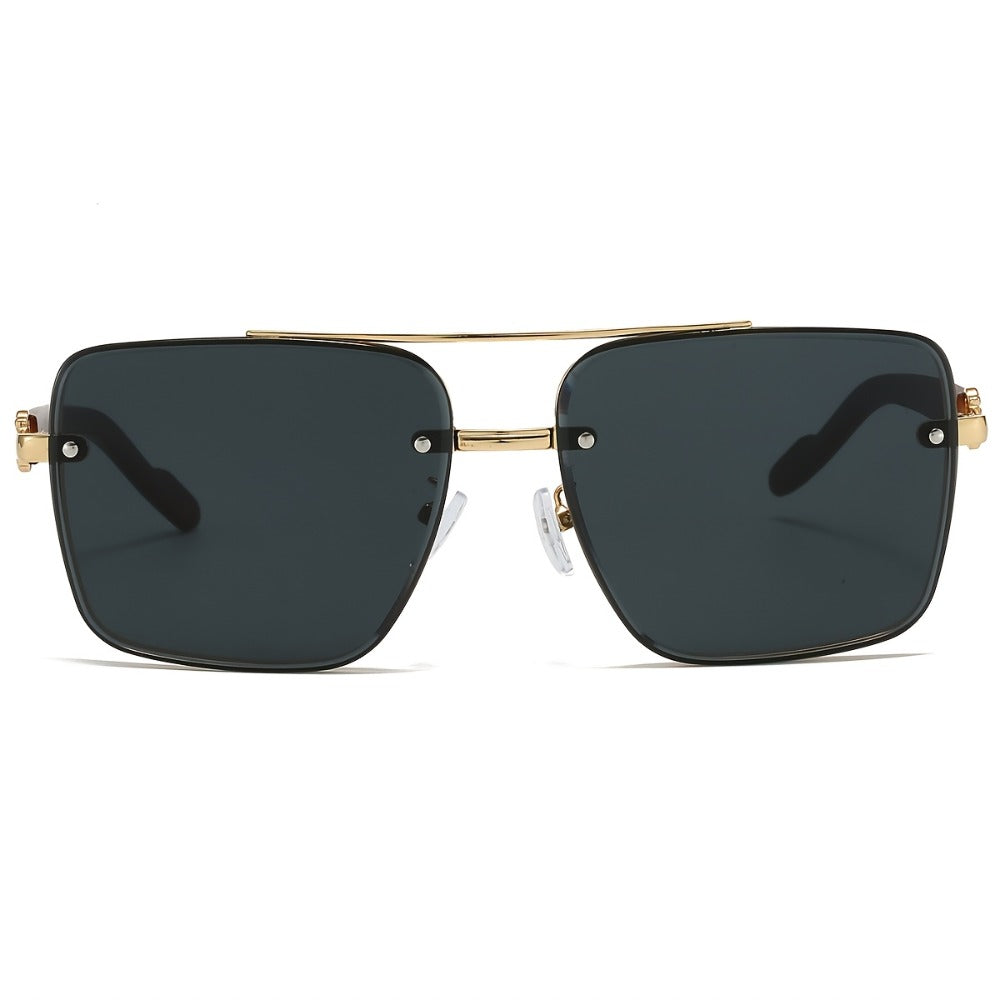 Sunglasses for Men - Square Women Double Bridge Gold Frame, Vintage Wood Grain Texture Light - product detail view 10