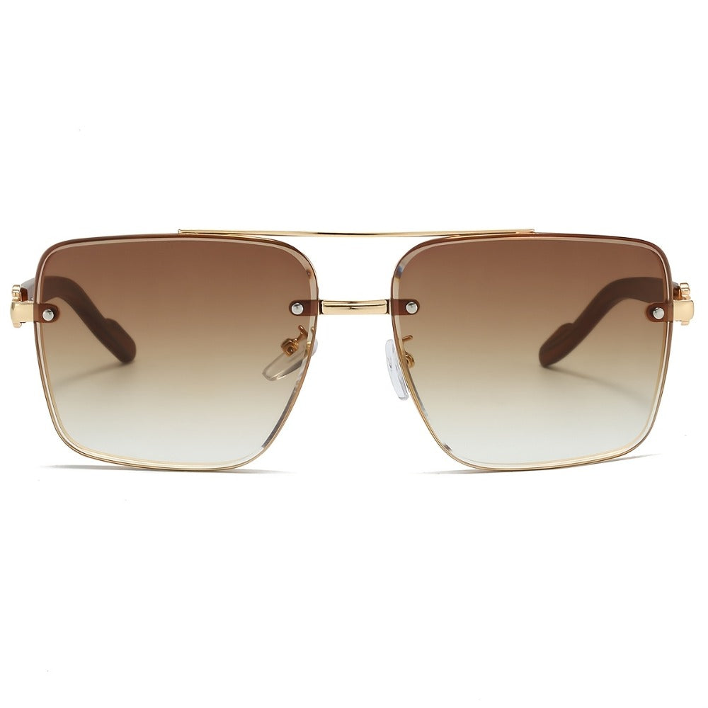 Sunglasses for Men - Square Women Double Bridge Gold Frame, Vintage Wood Grain Texture Light - product detail view 12