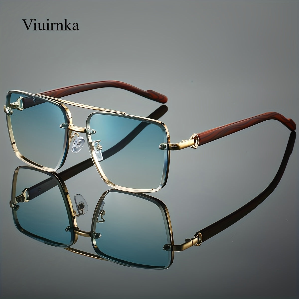 Sunglasses for Men - Square Women Double Bridge Gold Frame, Vintage Wood Grain Texture Light - product detail view 19
