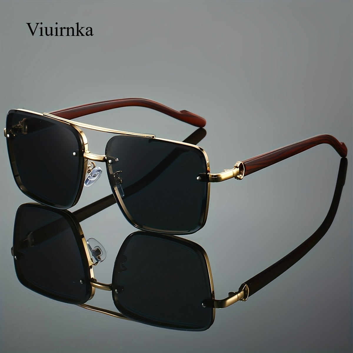 Sunglasses for Men - Square Women Double Bridge Gold Frame, Vintage Wood Grain Texture Light - product detail view 22