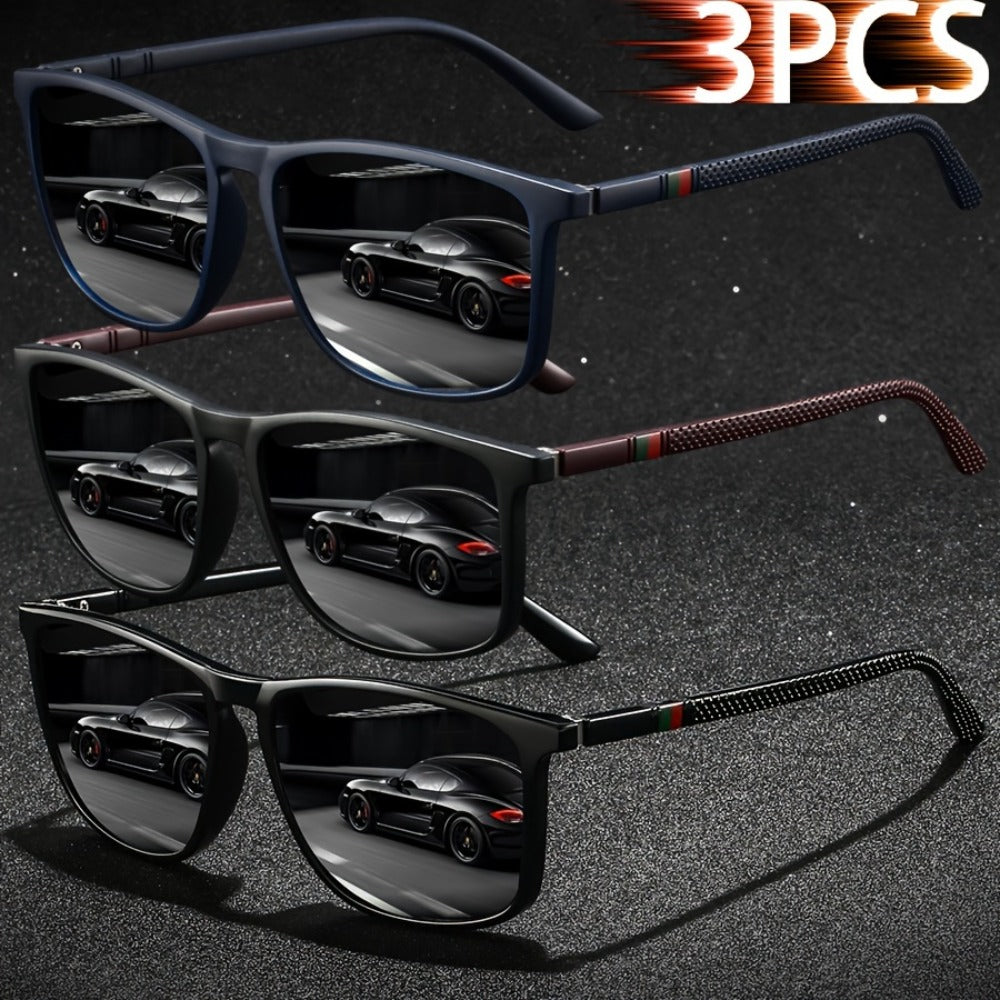 Sunglasses for Men - Square Glasses 3-Pack Striped Fashion Anti-Glare UV Protection, Black Red - main product view