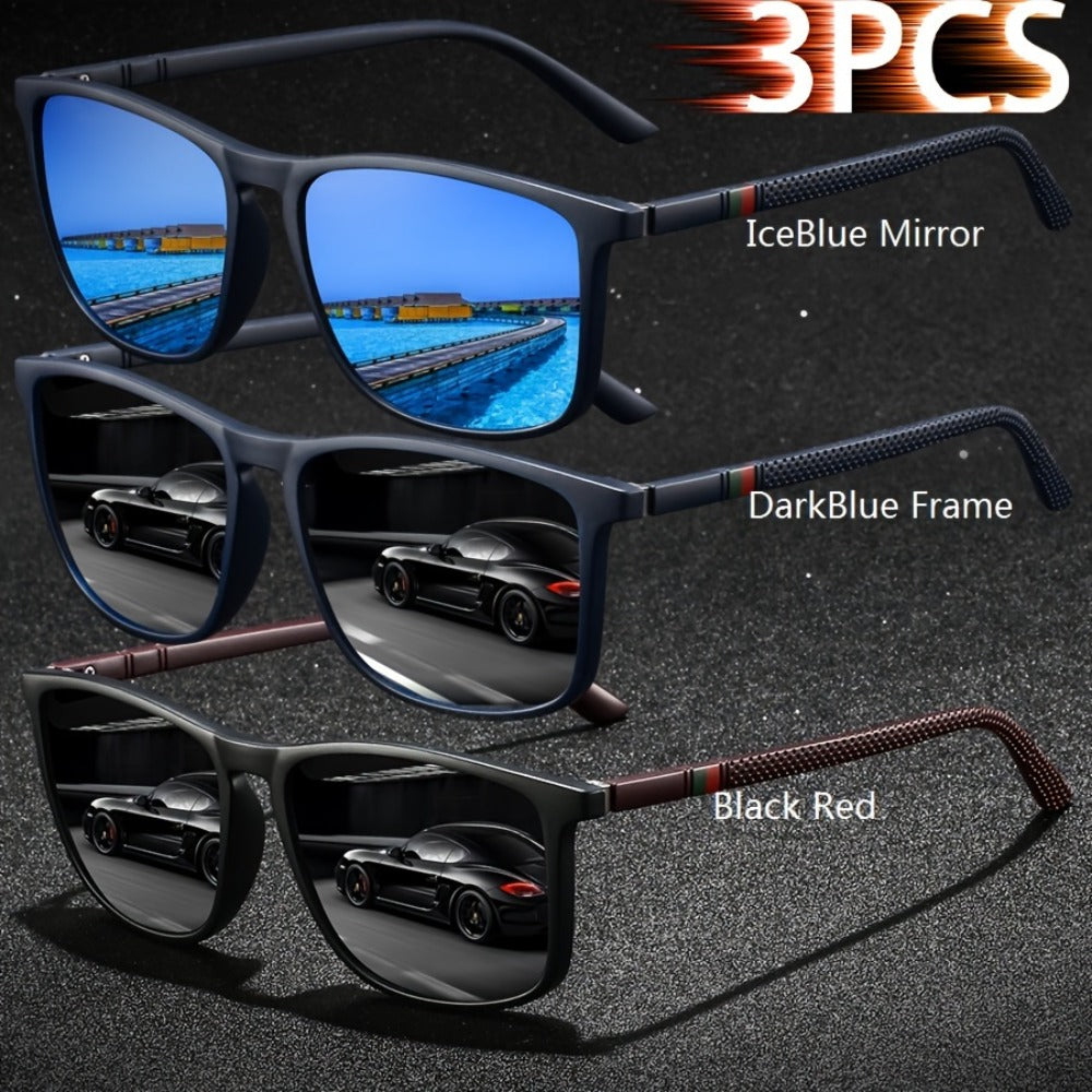 Sunglasses for Men - Square Glasses 3-Pack Striped Fashion Anti-Glare UV Protection, Black Red - product detail view 9