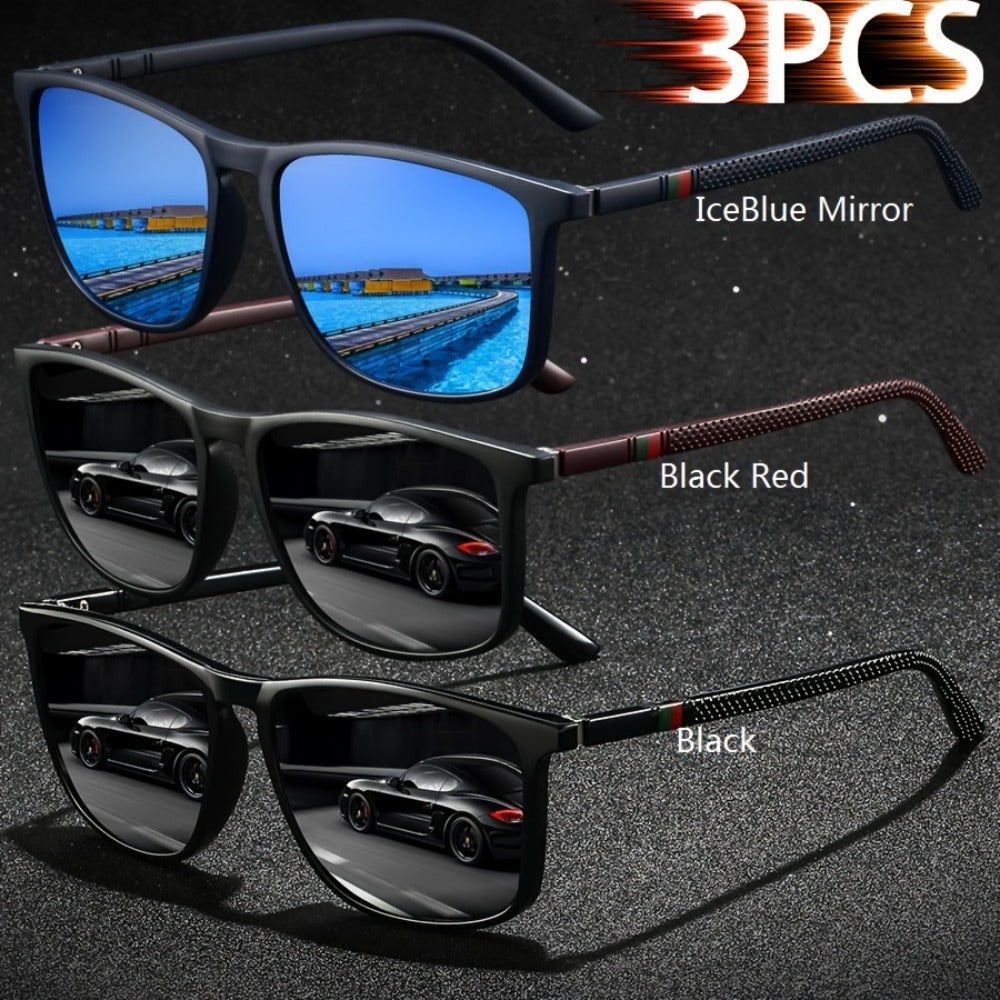 Sunglasses for Men - Square Glasses 3-Pack Striped Fashion Anti-Glare UV Protection, Black Red - product detail view 10