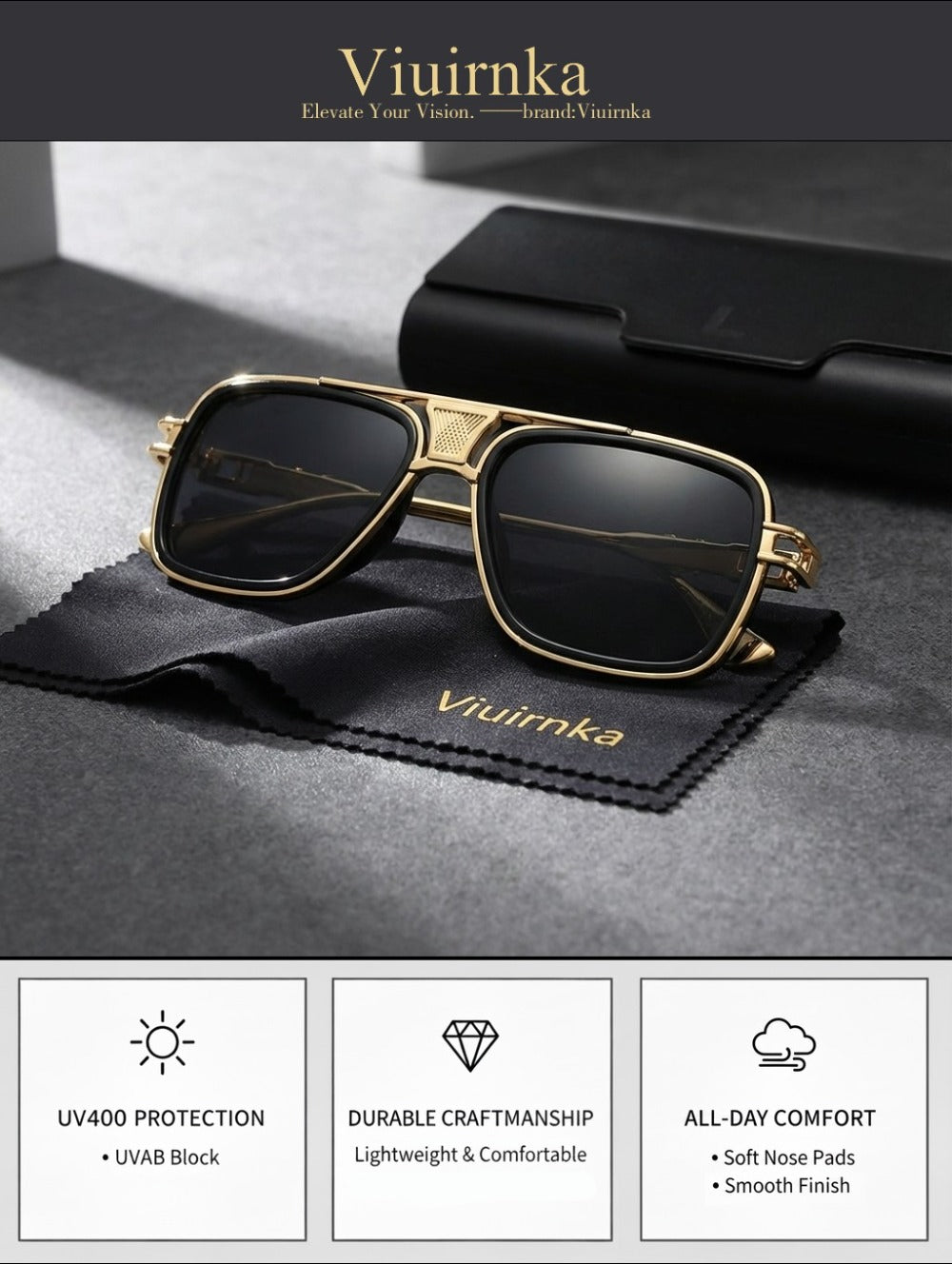 Sunglasses for Men - Square Retro Metal Frame UV400 Gradient Lenses Lightweight Unisex Eyewear - product detail view 15