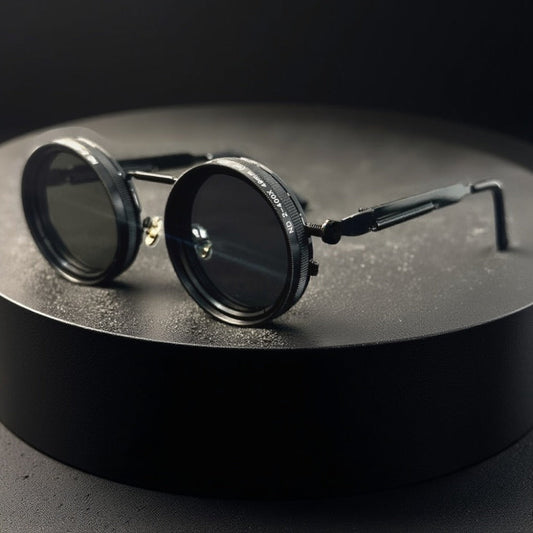 Sunglasses for Men - Steampunk Rotatable Flip-Up Lens UV400 Polarized - Vintage Round Goggles - product detail view 2