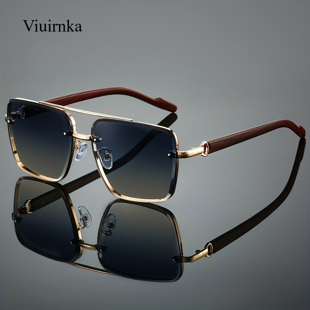 Sunglasses for Men - Wood Grain UV400 Square Bridge Frame - AC Lens Gold PC Lightweight Retro - product detail view 7