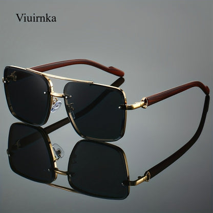 Sunglasses for Men - Wood Grain UV400 Square Bridge Frame - AC Lens Gold PC Lightweight Retro - product detail view 9