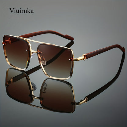 Sunglasses for Men - Wood Grain UV400 Square Bridge Frame - AC Lens Gold PC Lightweight Retro - product detail view 18