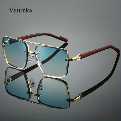Sunglasses for Men - Wood Grain UV400 Square Bridge Frame - AC Lens Gold PC Lightweight Retro - product detail view 21