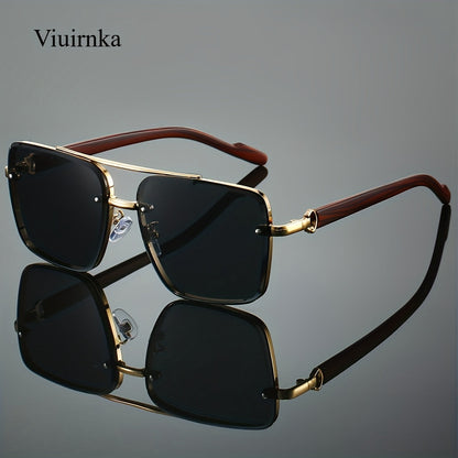 Sunglasses for Men - Wood Grain UV400 Square Bridge Frame - AC Lens Gold PC Lightweight Retro - product detail view 22