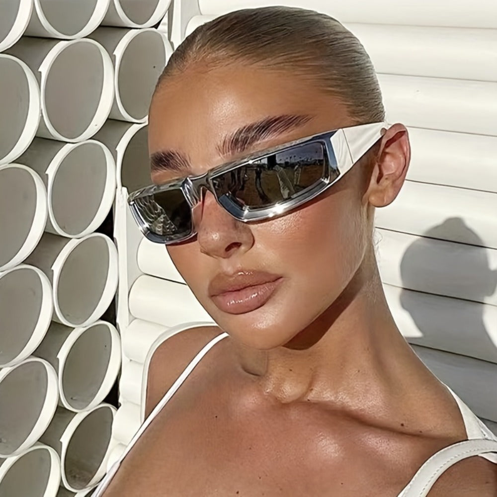 Sunglasses for Men - Y2K Futuristic Wrap Silver Mirror Lens Polygonal Tech Style Fashion - product detail view 4