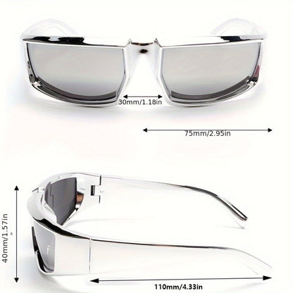 Sunglasses for Men - Y2K Futuristic Wrap Silver Mirror Lens Polygonal Tech Style Fashion - product detail view 6