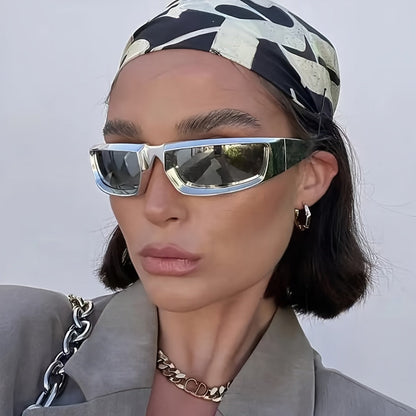 Sunglasses for Men - Y2K Futuristic Wrap Silver Mirror Lens Polygonal Tech Style Fashion - product detail view 7