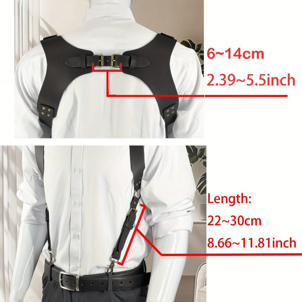 Suspenders - Faux Leather Men Vintage British Style Adjustable Side Hook Retro Braces - product detail view 2