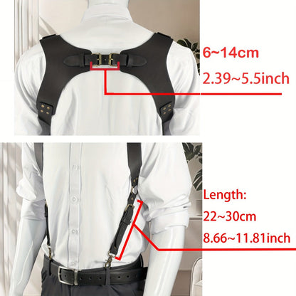 Suspenders - Faux Leather Men Vintage British Style Adjustable Side Hook Retro Braces - product detail view 2