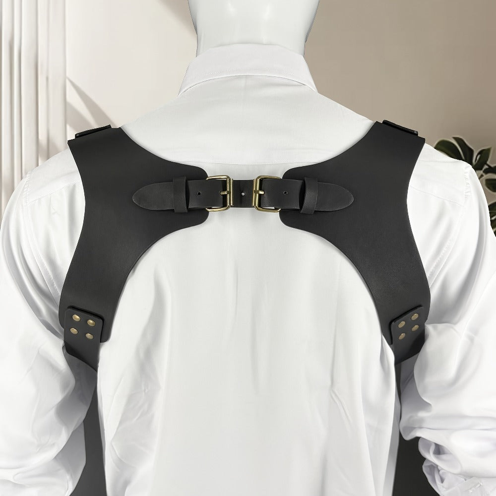 Suspenders - Faux Leather Men Vintage British Style Adjustable Side Hook Retro Braces - product detail view 3