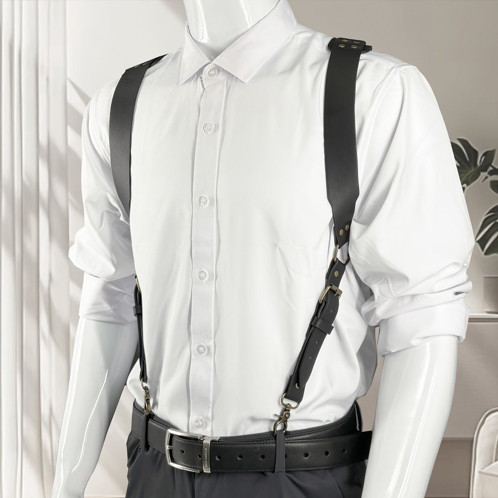 Suspenders - Faux Leather Men Vintage British Style Adjustable Side Hook Retro Braces - product detail view 4