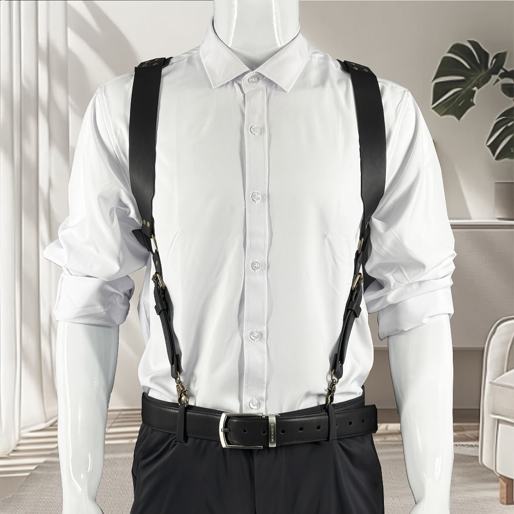 Suspenders - Faux Leather Men Vintage British Style Adjustable Side Hook Retro Braces - product detail view 9