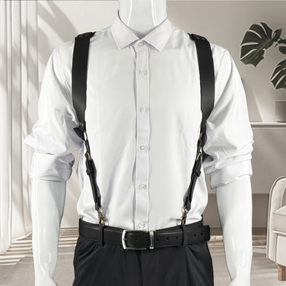 Suspenders - Faux Leather Men Vintage British Style Adjustable Side Hook Retro Braces - product detail view 9