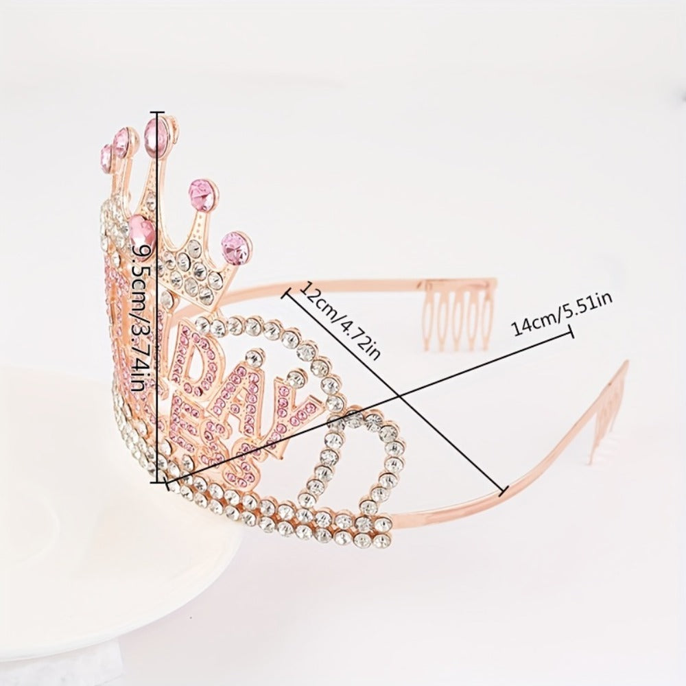 Tiara Crown - Headband Rhinestone Princess for Women Girls Glitter Rose Gold Letter Hair - product detail view 4