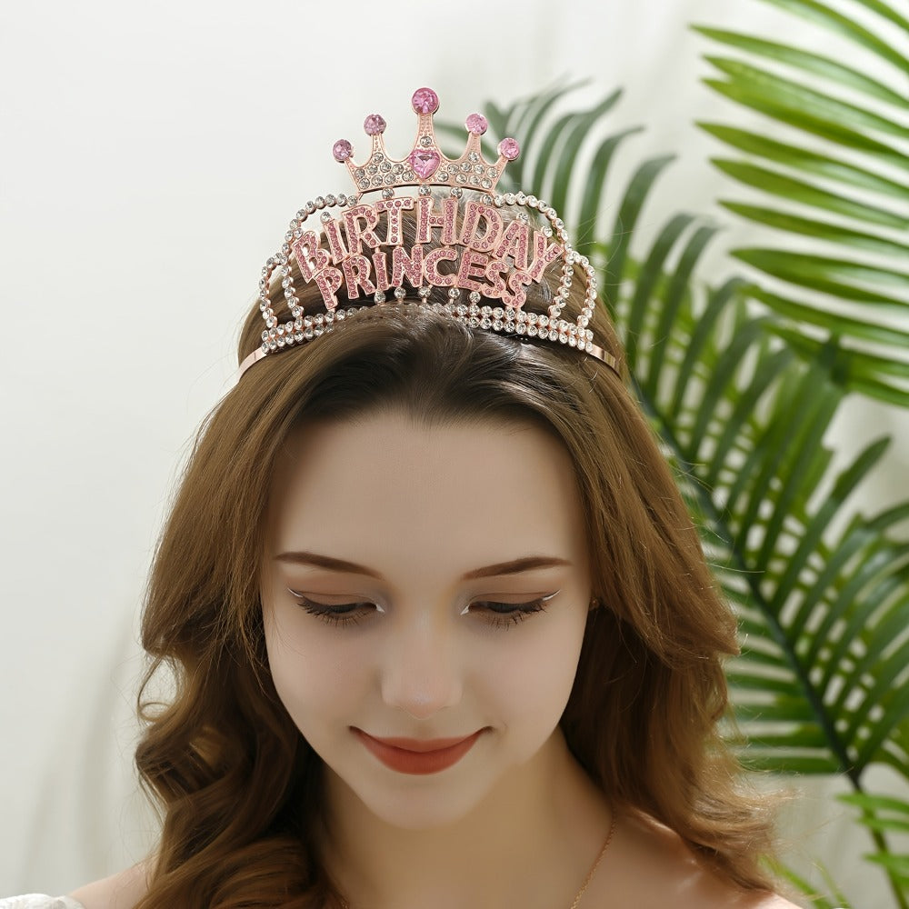 Tiara Crown - Headband Rhinestone Princess for Women Girls Glitter Rose Gold Letter Hair - product detail view 5