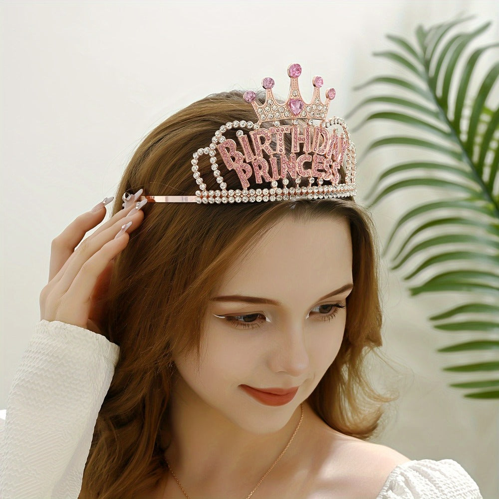 Tiara Crown - Headband Rhinestone Princess for Women Girls Glitter Rose Gold Letter Hair - product detail view 6