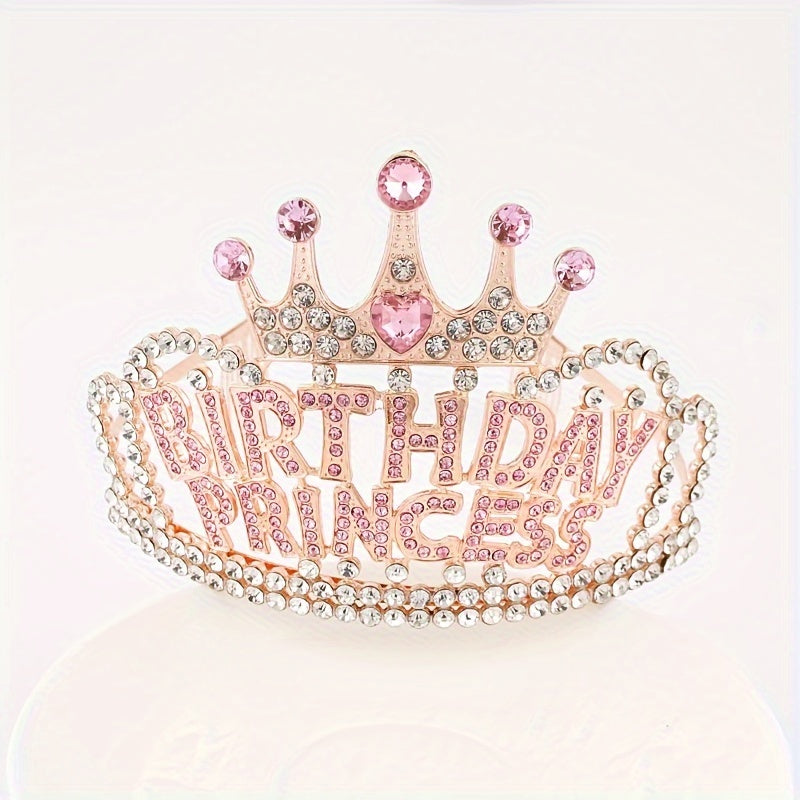 Tiara Crown - Headband Rhinestone Princess for Women Girls Glitter Rose Gold Letter Hair - product detail view 7