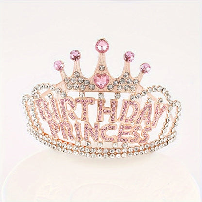 Tiara Crown - Headband Rhinestone Princess for Women Girls Glitter Rose Gold Letter Hair - product detail view 7