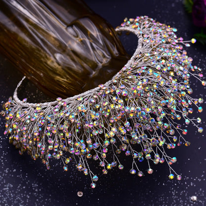 Tiara Crown - Wedding for Women AB Colorful Crystal Rhinestone Dazzling Fairy Bridal - product detail view 8