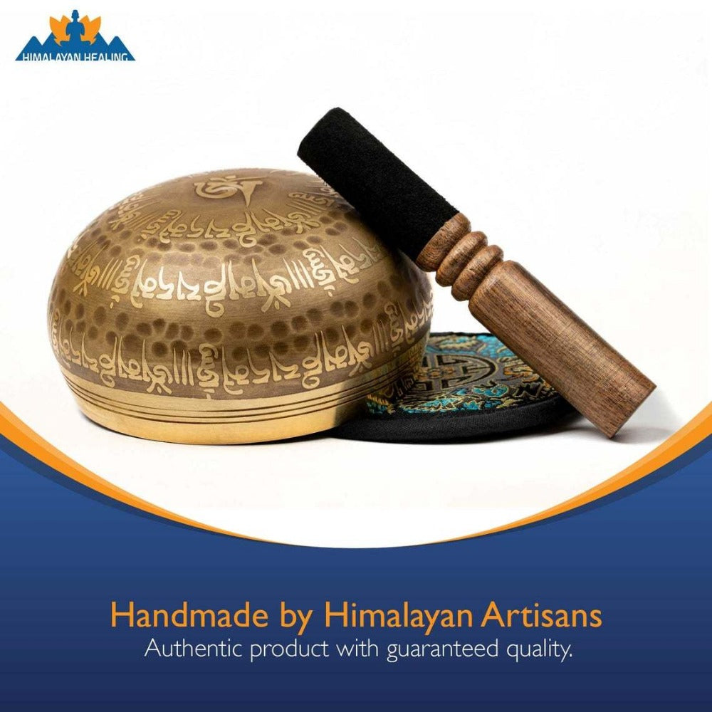 Tibetan Singing Bowl Set, 4-Inch Mantra and Third Eye Design with Mallet detail image - detail view 3